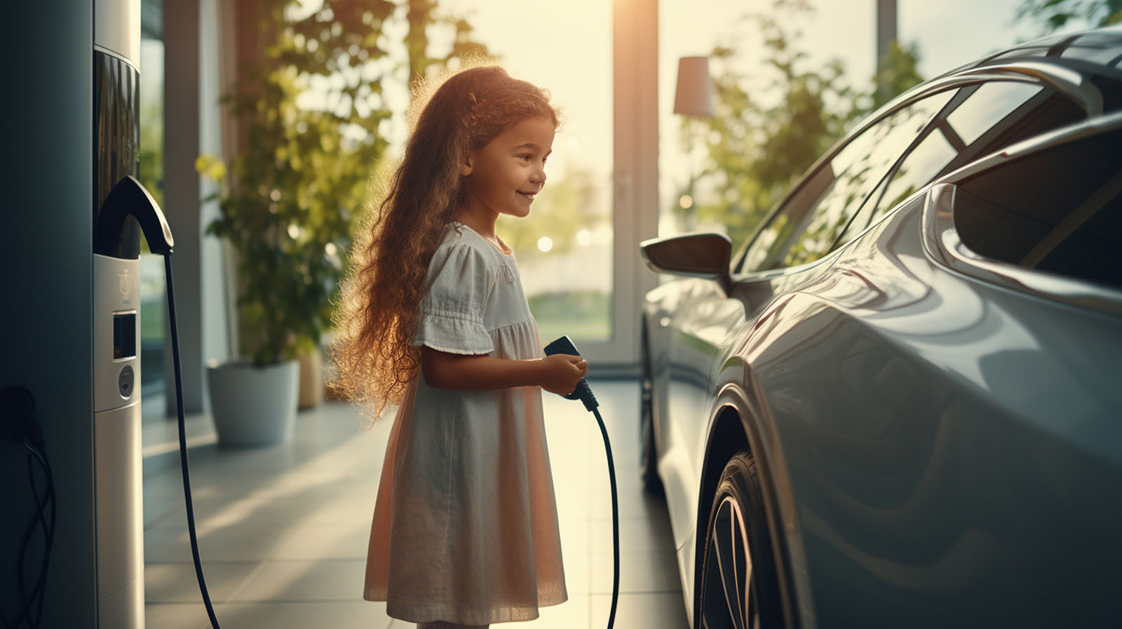 Progressive father and daughter plugs EV charger from home charging station to electric vehicle.