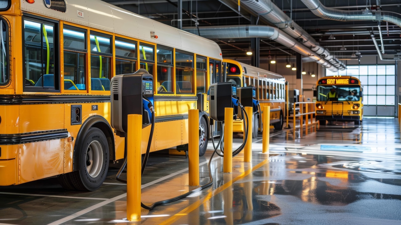 electric school buses in a bus barn